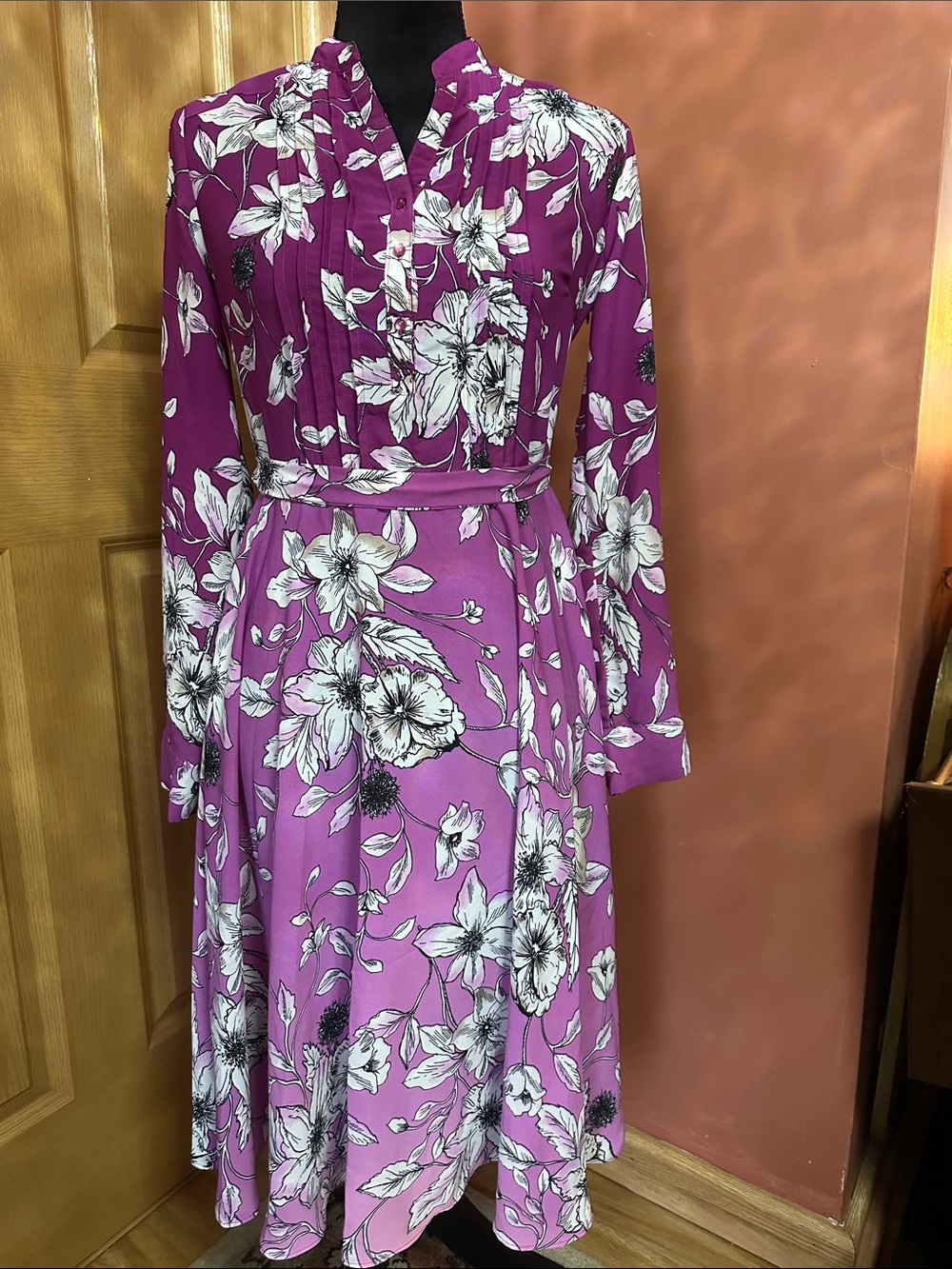 Nannette Magenta Floral Long-Sleeve Midi Dress